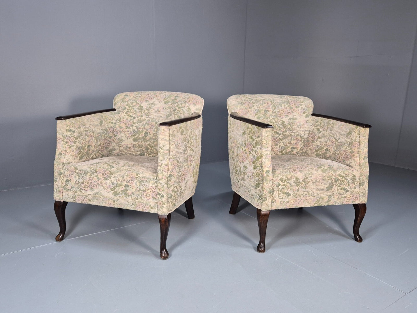 2 Vintage Danish Tub Chairs 1940s Floral Cotton 1980s Makeover EB9645 VCLO - UKDK FURNITURE