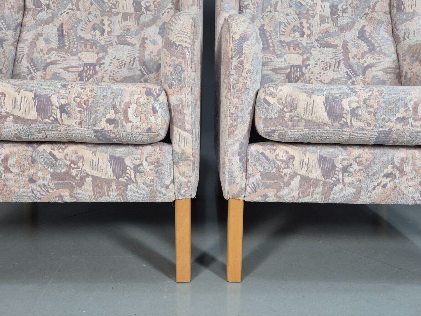 2 Vintage Danish Wing Back Lounge Chairs Cotton 1980s Fabric Retro EB8289 MNOR - UKDK FURNITURE