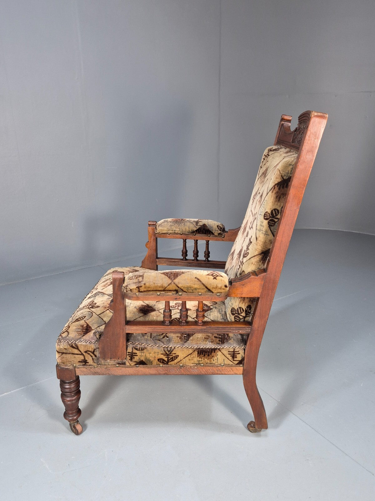 Antique Mahogany Library Chair Beige Geometric Fabric Edwardian EB9703 VCAR - UKDK FURNITURE
