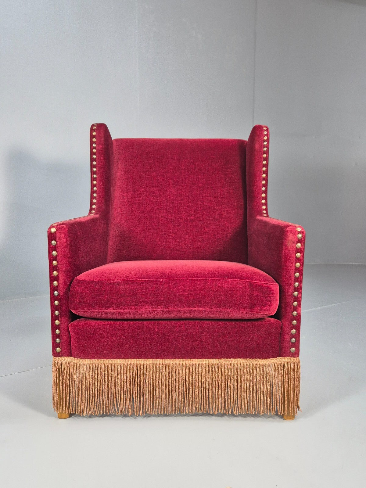 Vintage Danish Wingback Lounge Chair Red Velour Tassels 1940s Retro EB9614 VCLO - UKDK FURNITURE