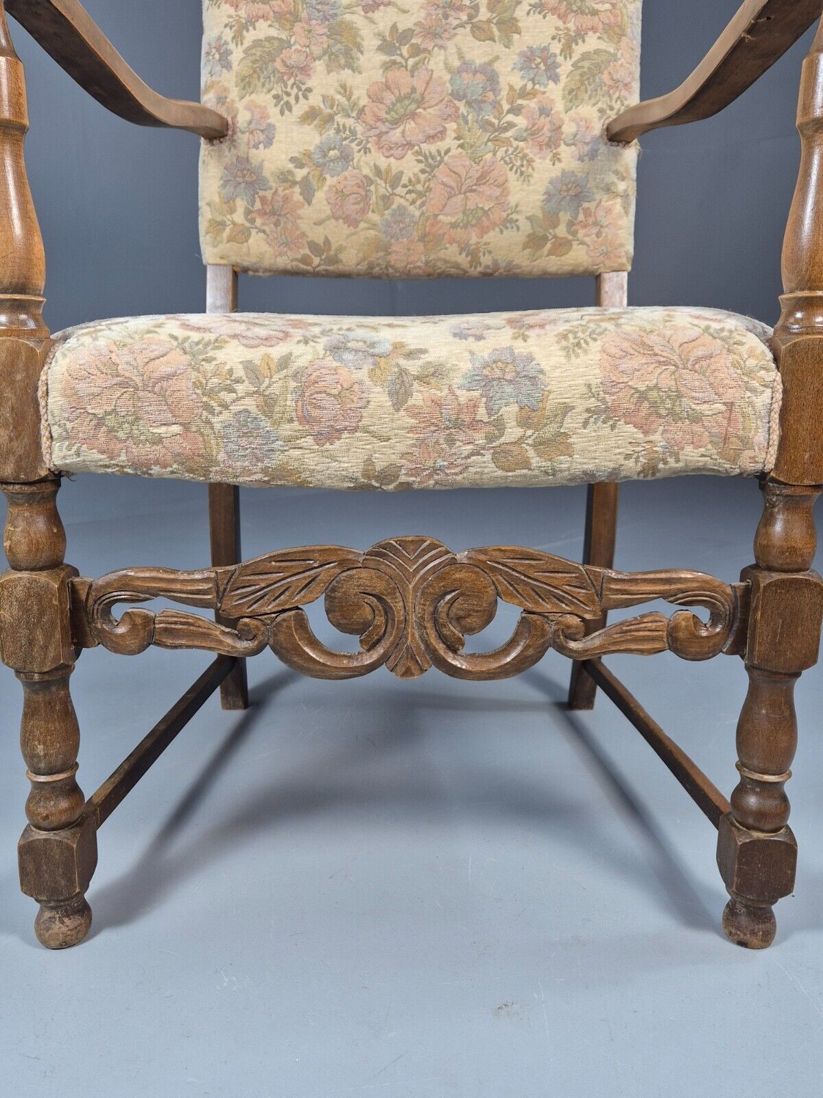 Vintage Danish Armchair Floral Cotton Oak Frame 17th Century Style EB8914 VCAR - UKDK FURNITURE