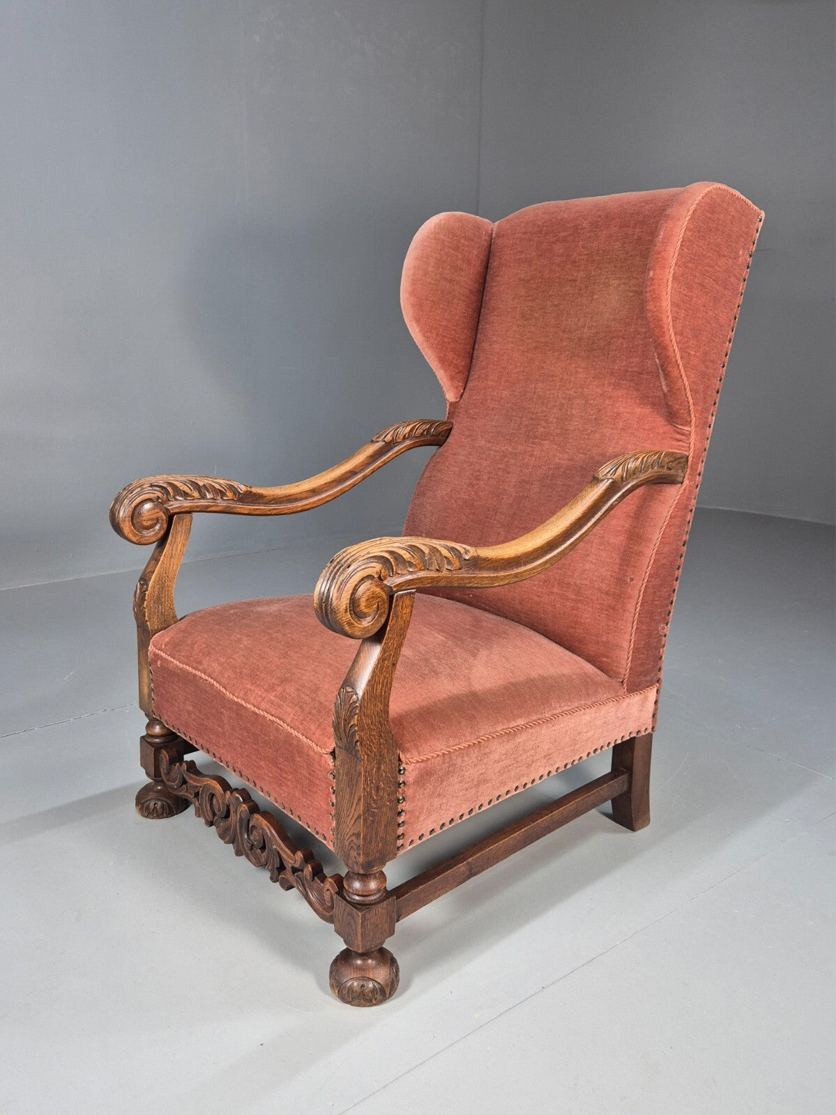 Vintage Danish Lounge Chair Pink Peach Velour Oak 17th Century Style EB8970 VCLO - UKDK FURNITURE