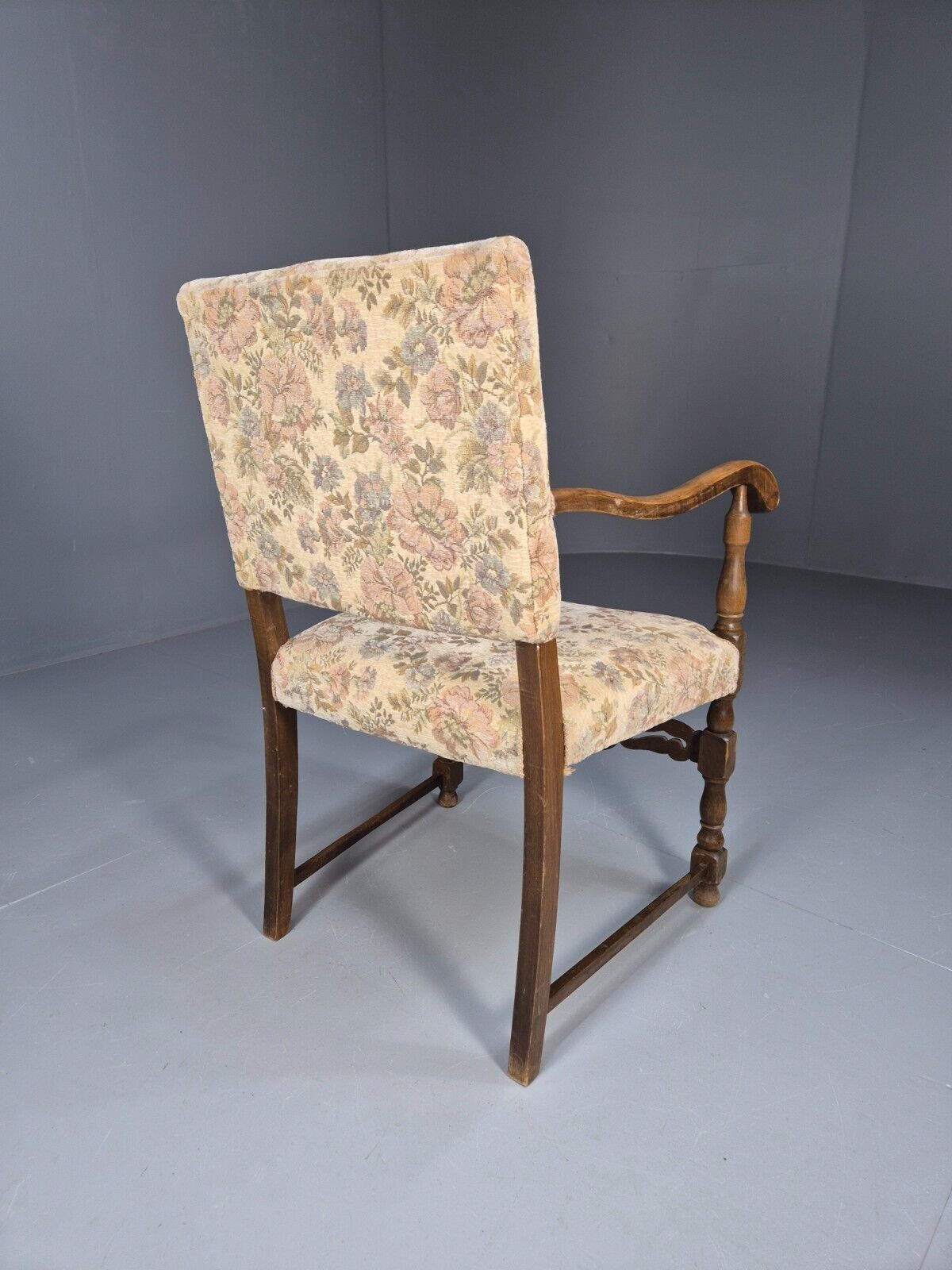 Vintage Danish Armchair Floral Cotton Oak Frame 17th Century Style EB8914 VCAR - UKDK FURNITURE