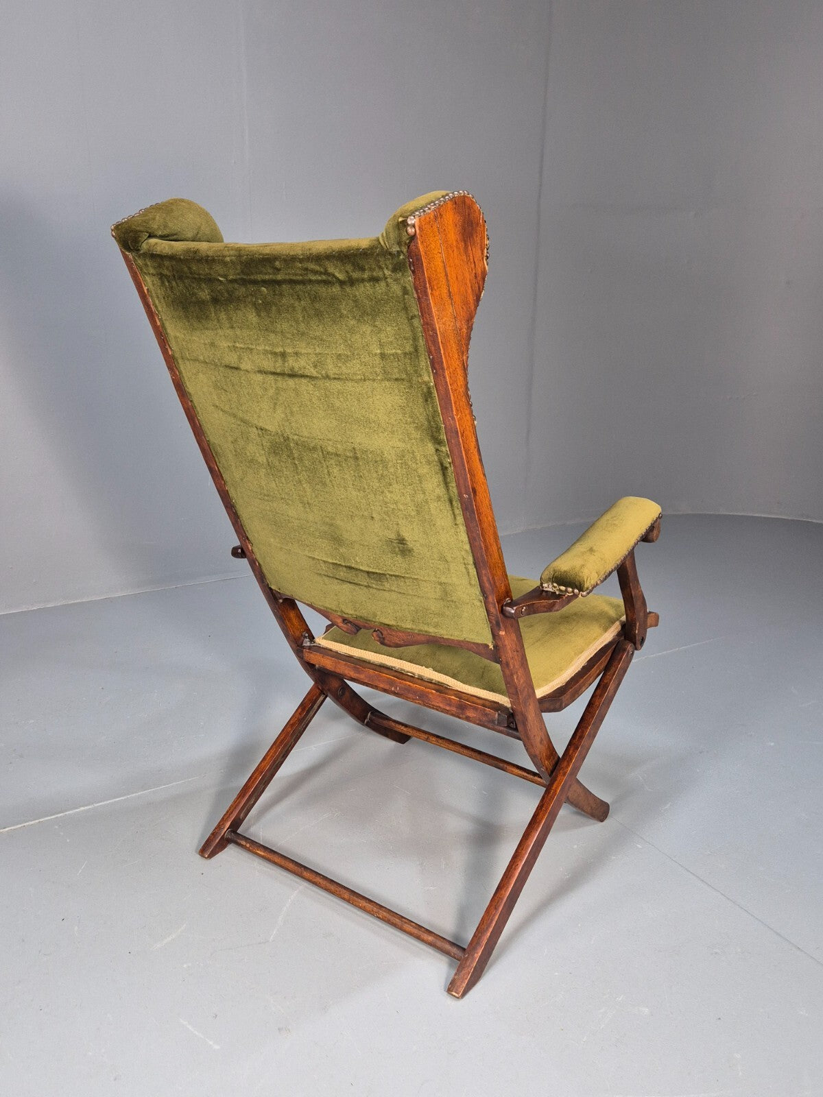 Antique Campaign Chair in Green Velour and Mahogany Victorian EB9696 VCLO - UKDK FURNITURE