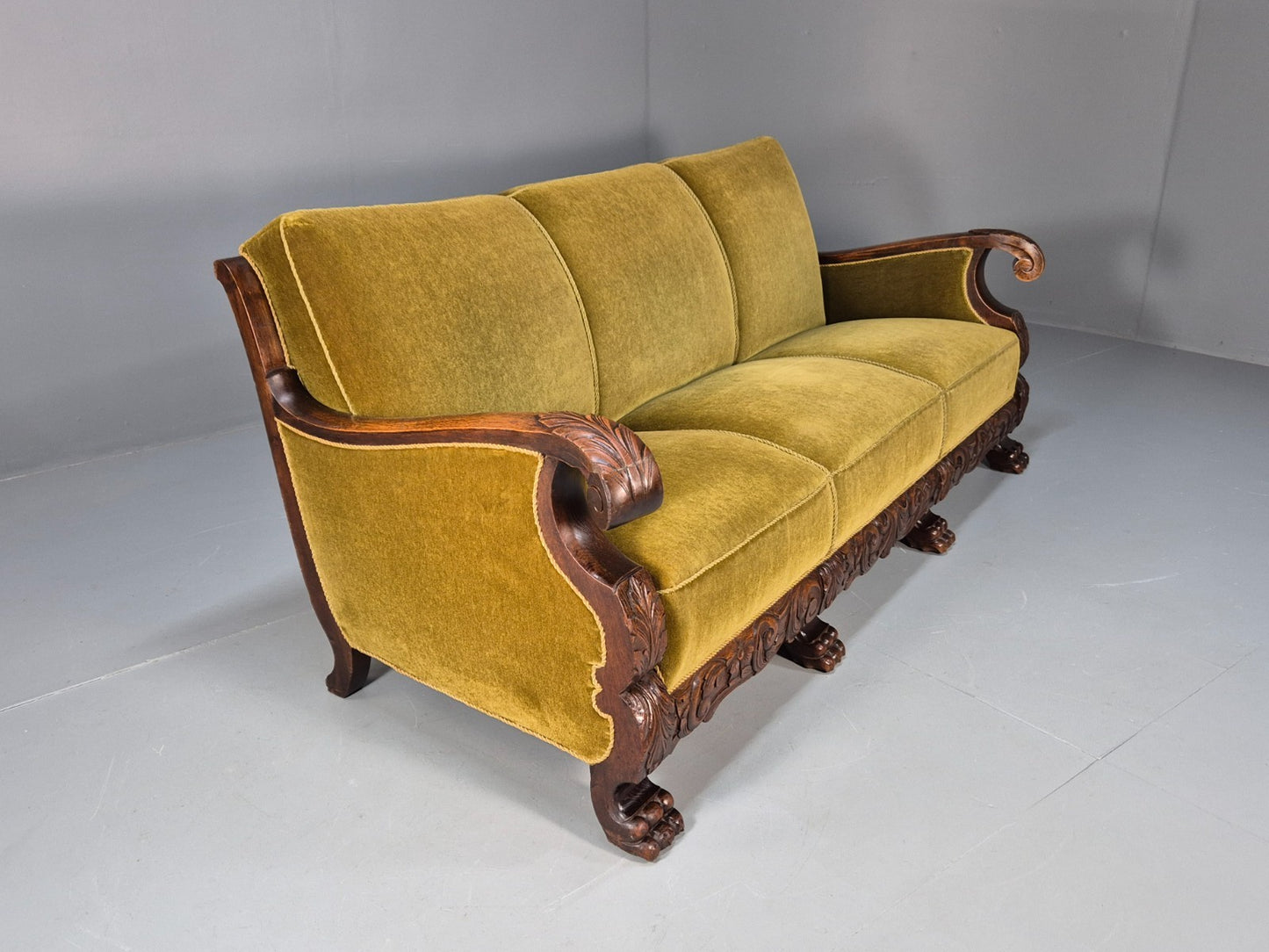Vintage Danish Baroque Style 3 Seat Settee Green Velour Antique 1920 EB9653 V3SS - UKDK FURNITURE
