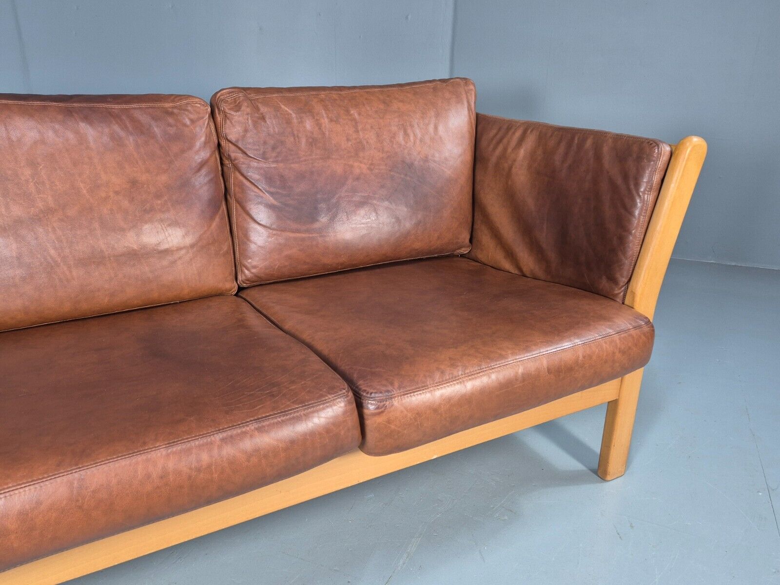 Vintage Danish 3 Seat Sofa Tan Leather Beech Ends Stouby Style MCM EB8751 M3SS - UKDK FURNITURE