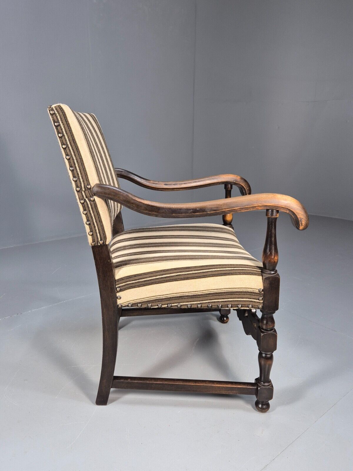 Vintage Danish Baroque Style Elbow Chair Striped Wool Upholstery EB9383 VCAR - UKDK FURNITURE