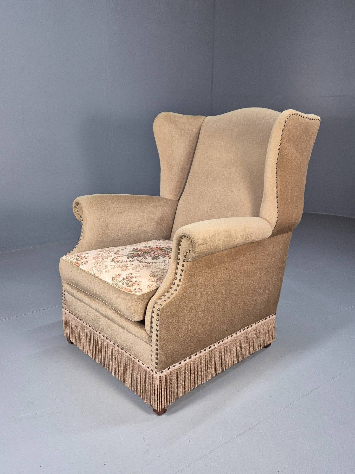 Vintage Danish Wing Back Lounge Chair 1950s Retro Tassels and Floral EB9013 VCLO - UKDK FURNITURE