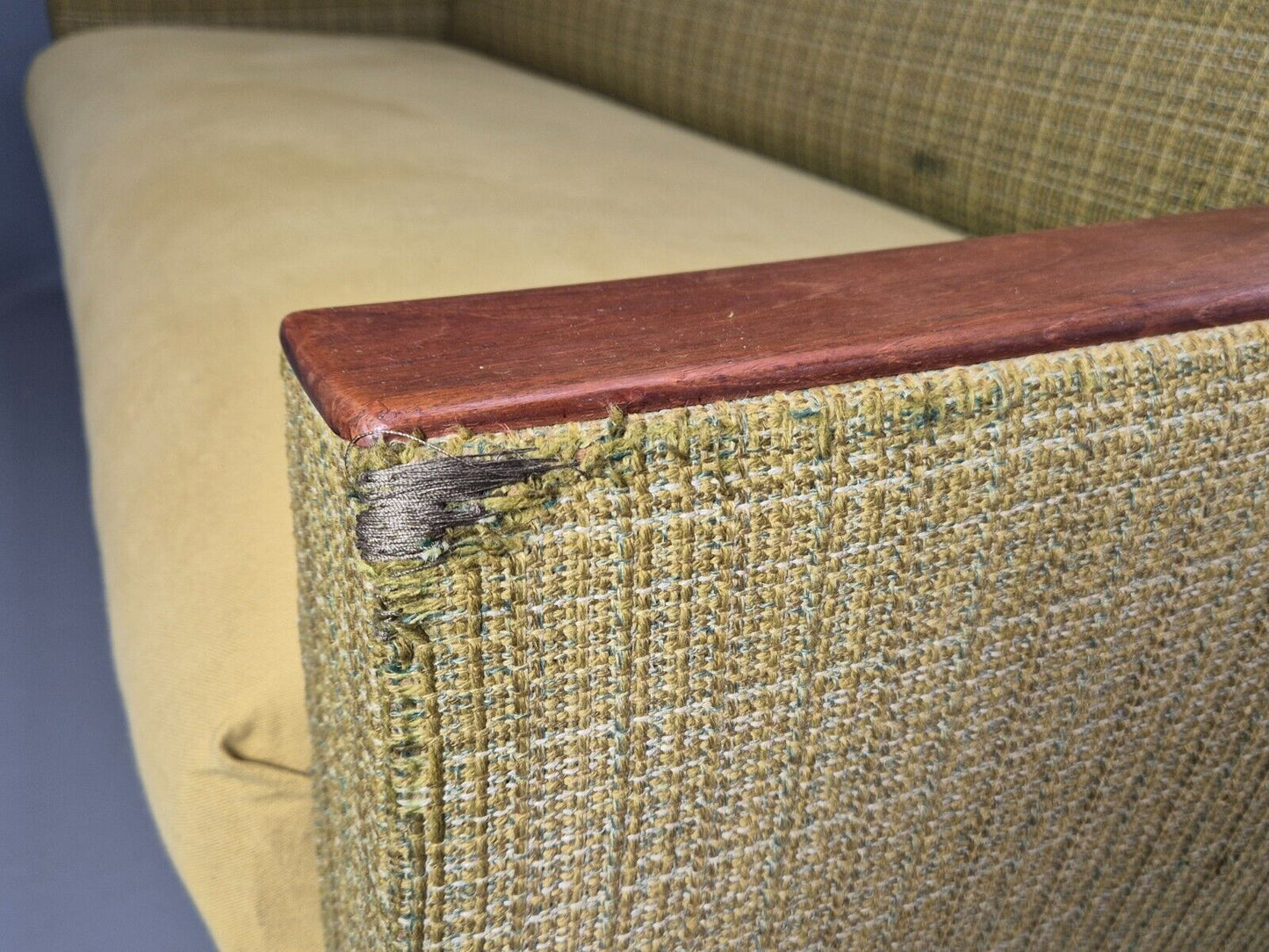 Vintage Danish 2 Seat Sofa Green Wool Teak Arms Retro MCM EB8900 M2SS - UKDK FURNITURE