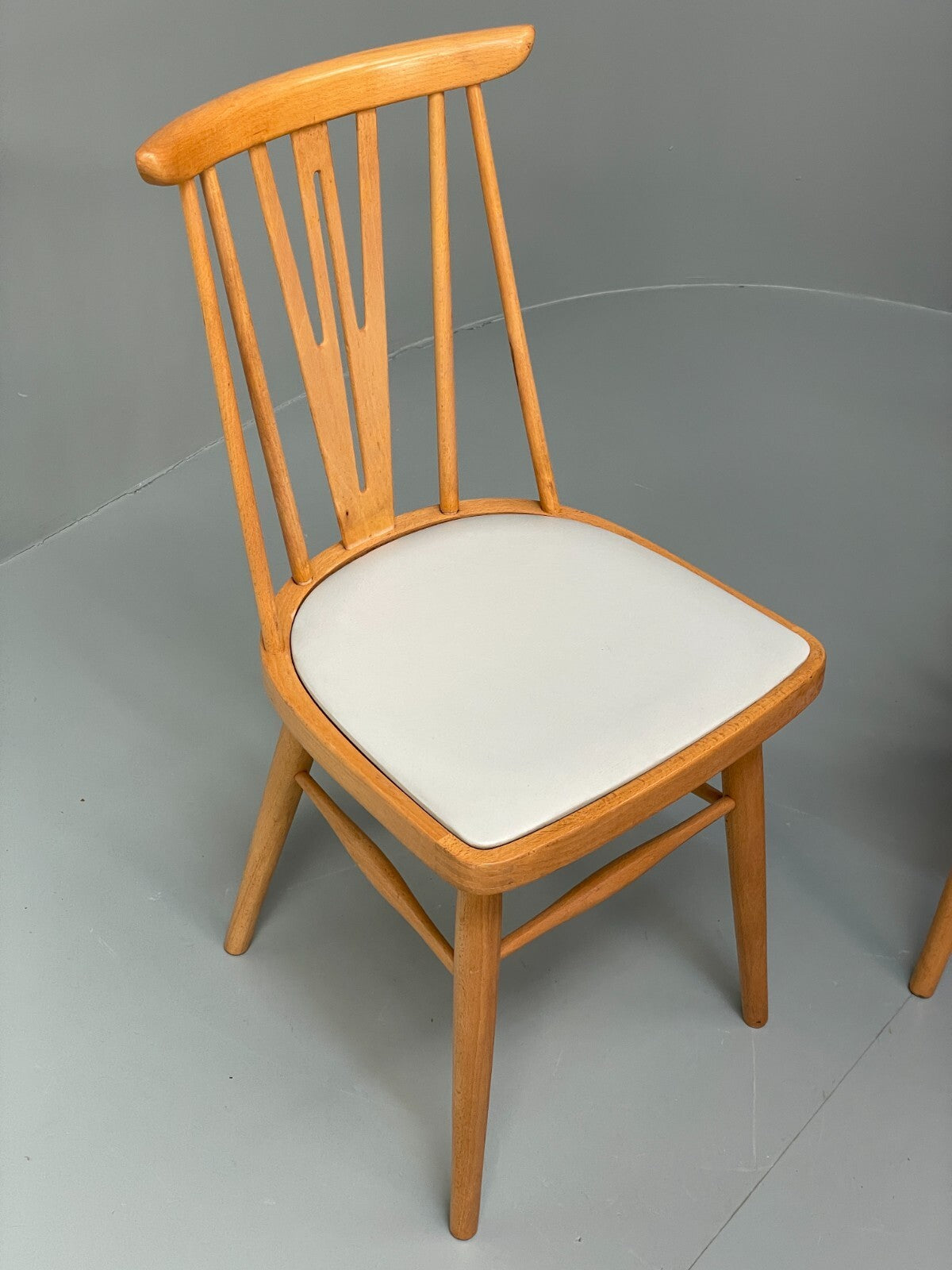 Mid Century Beech Dining Chairs Pair Off White Vinyl 1960s EB9779 MDIN - UKDK FURNITURE