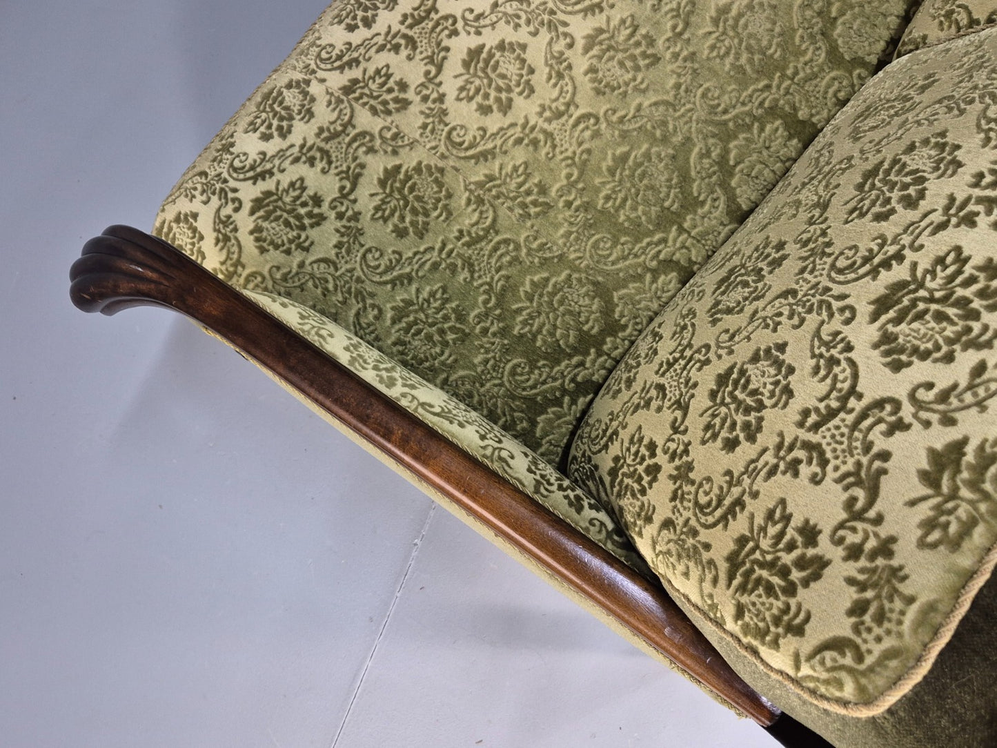 Antique Danish Baroque Style 3 Seat Sofa Green Moquette Carved Wood EB9636 V3SS - UKDK FURNITURE