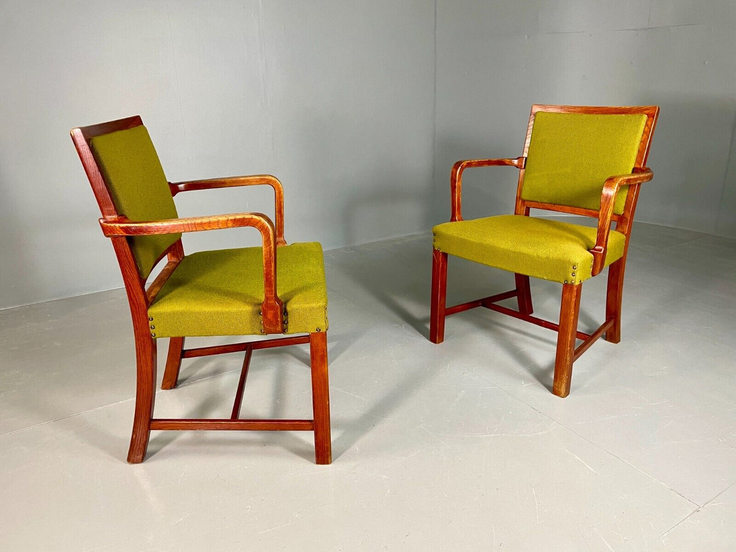 EB6737 2 Vintage Danish Elbow Chairs Green Beechwood Retro MCM MDIN - UKDK FURNITURE