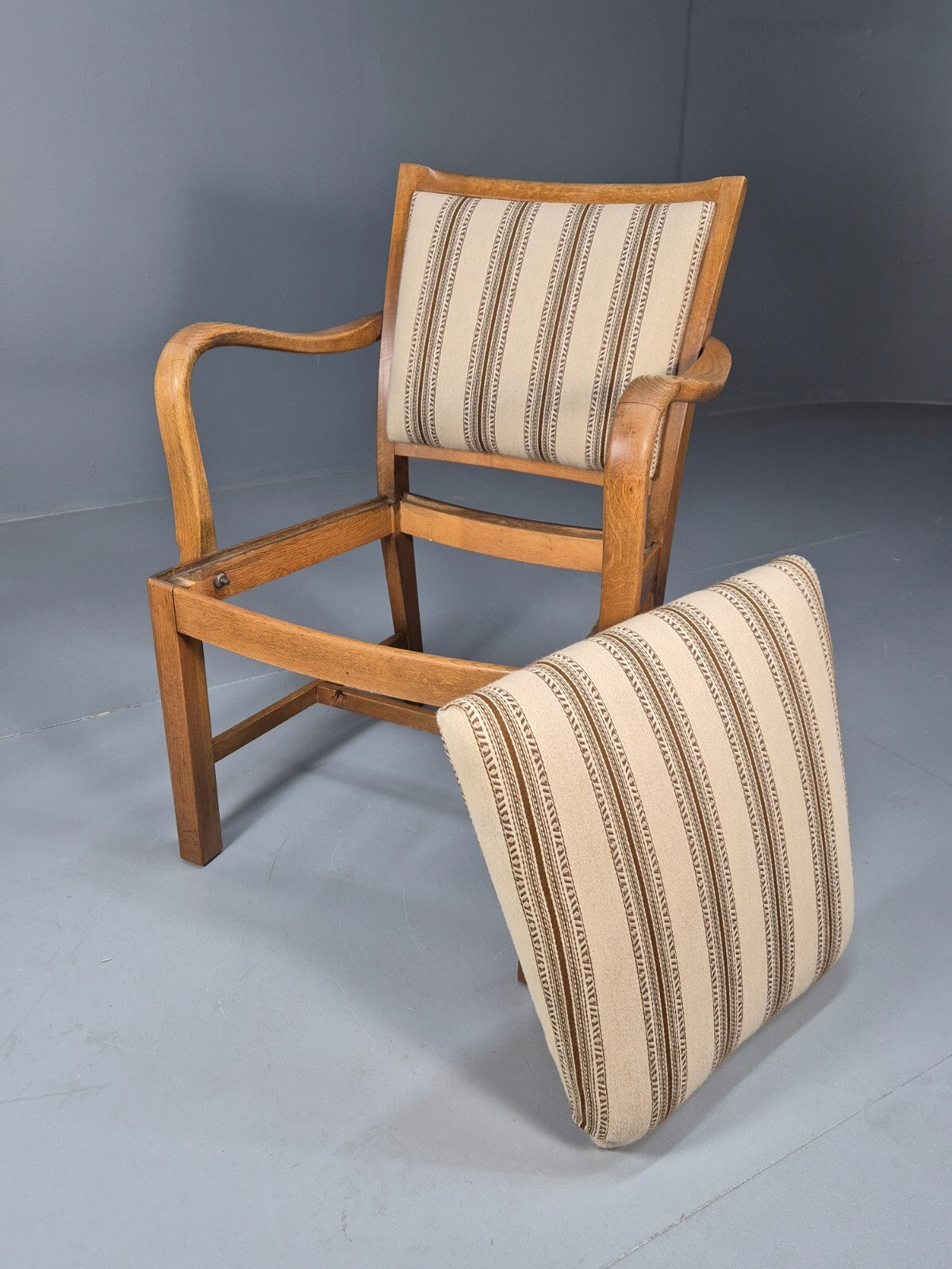 Art Deco Oak Elbow Chair 1930s Vintage Danish Design Striped Brown EB9661 VCLO - UKDK FURNITURE