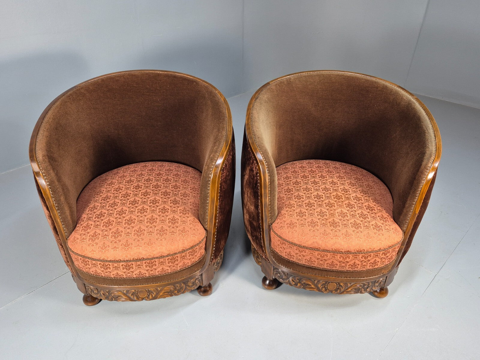 2 Vintage Art Deco Danish Tub Lounge Chairs Damask and Velvet 1940s EB9004 VCLO - UKDK FURNITURE