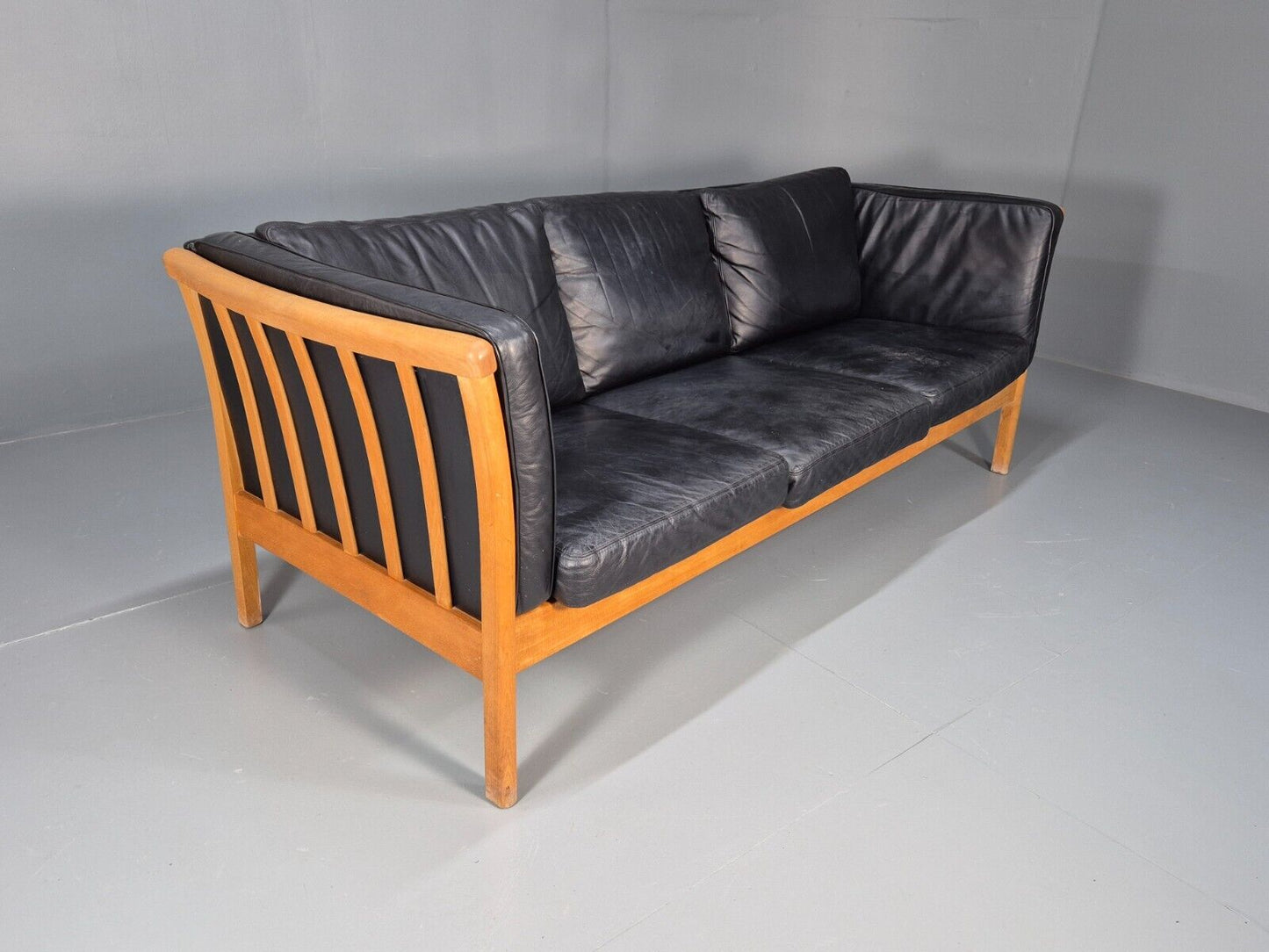Vintage 3 Seat Sofa Black Leather Beech Ends Stouby Retro 1980s MCM EB8593 M3SS - UKDK FURNITURE