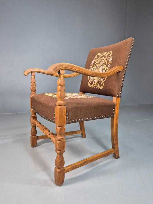 Vintage Danish Carved Elbow Chair Oak Frame Brown Floral Fabric EB8033 VCAR - UKDK FURNITURE