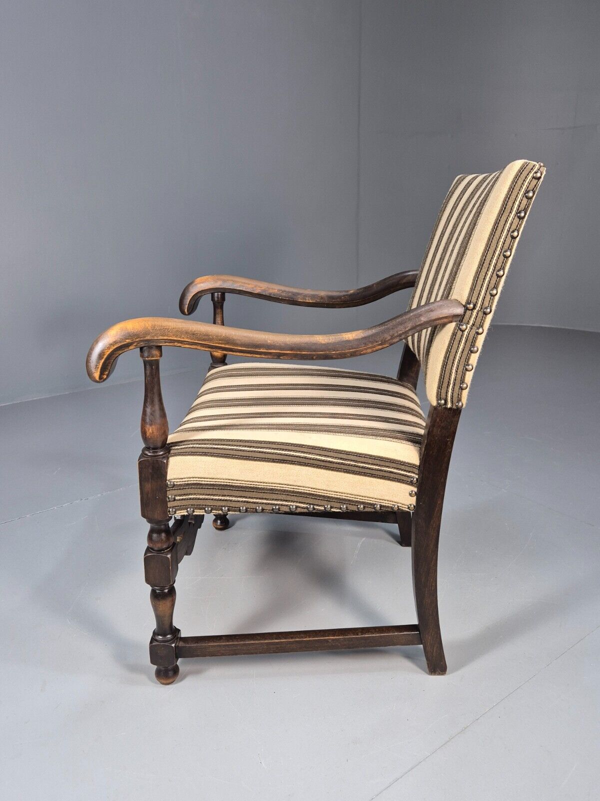 Vintage Danish Baroque Style Elbow Chair Striped Wool Upholstery EB9383 VCAR - UKDK FURNITURE