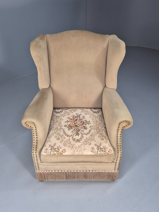 Vintage Danish Wing Back Lounge Chair 1950s Retro Tassels and Floral EB9013 VCLO - UKDK FURNITURE