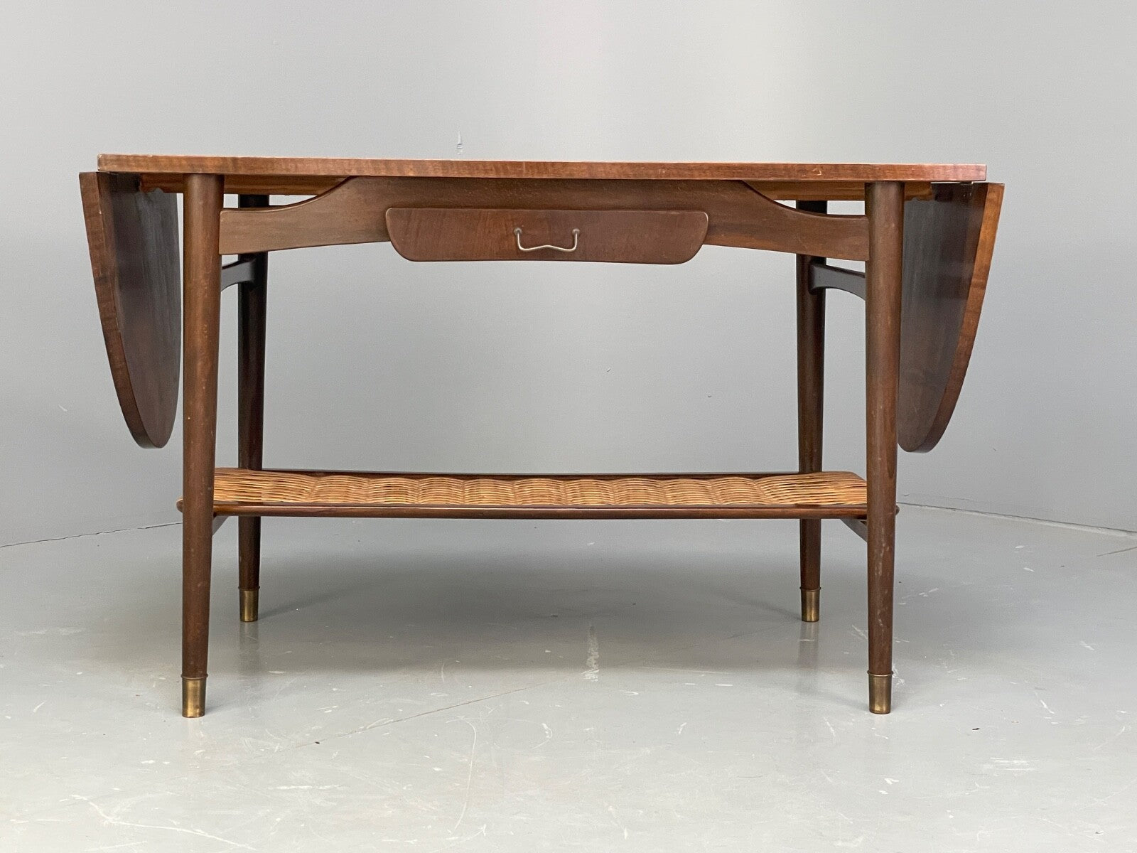 Vintage Walnut Extending Coffee Table Rattan Shelf Drawers 1950s EB9441 MWOO - UKDK FURNITURE