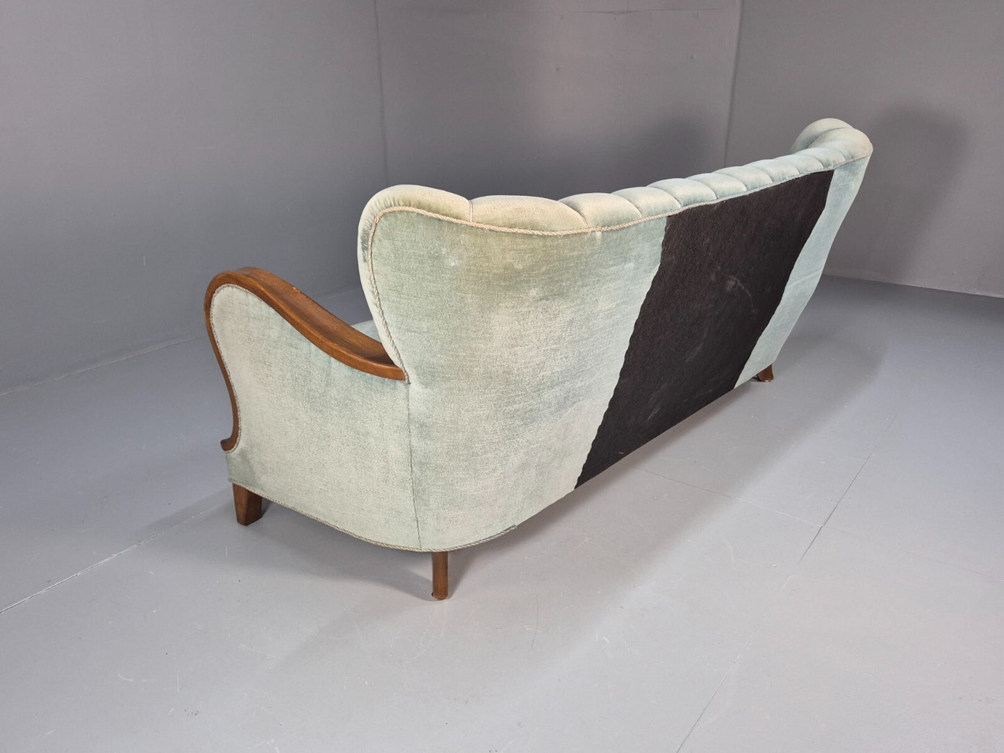 Vintage Danish Art Deco Sofa Blue Velvet Velour Oak Frame Shell Back EB9591 V3SS - UKDK FURNITURE
