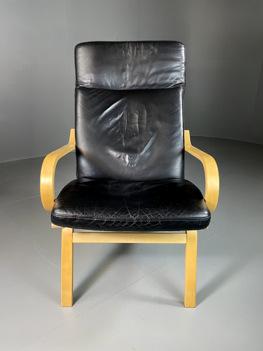 Vintage Danish Lounge Chair Black Leather Bentwood 1980s Retro EB6089 MBEN1