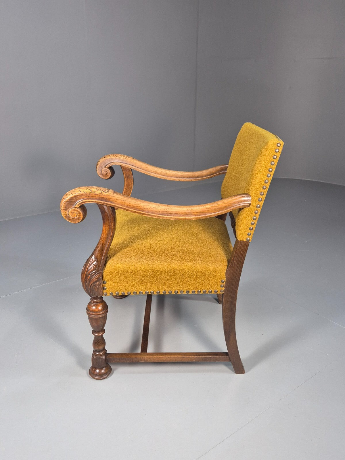 Vintage Danish Elbow Chair Yellow Carved Oak Frame 18th C Style EB9654 VCLO - UKDK FURNITURE