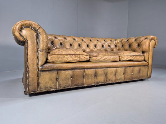 Vintage 3 Seat Chesterfield Sofa Tan Leather Beaten Up Look Retro EB8890 VCHE - UKDK FURNITURE