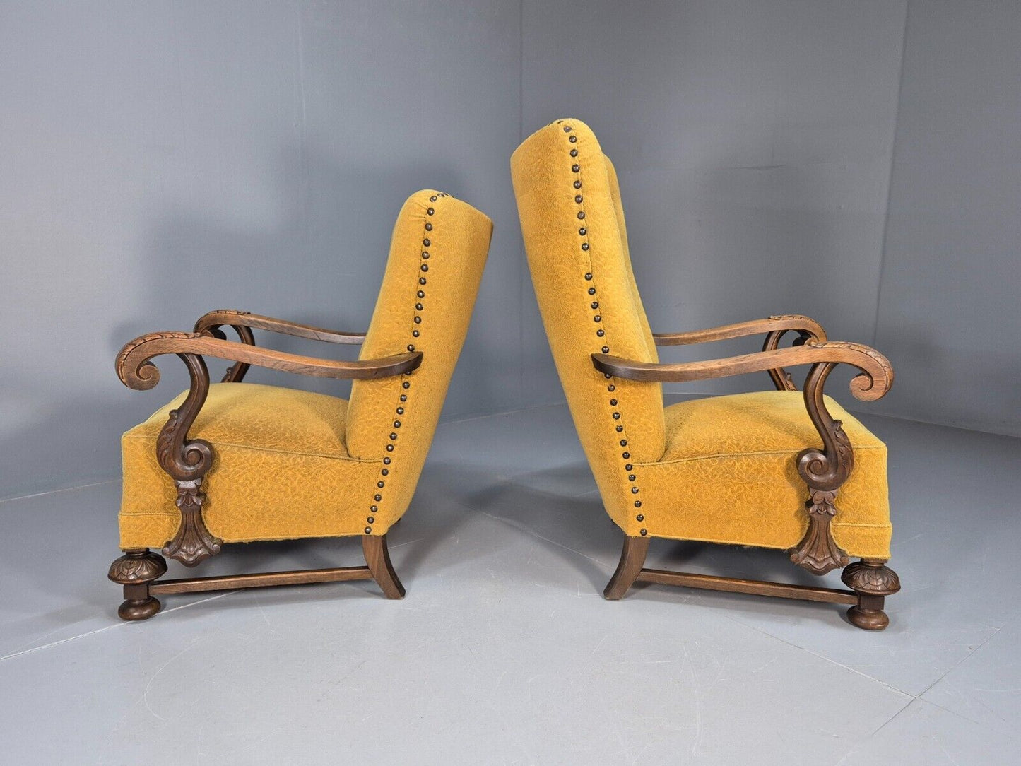 2 Vintage Baroque Armchgairs in Oak and Mustard Moquette 1940s EB9005 VCLO - UKDK FURNITURE