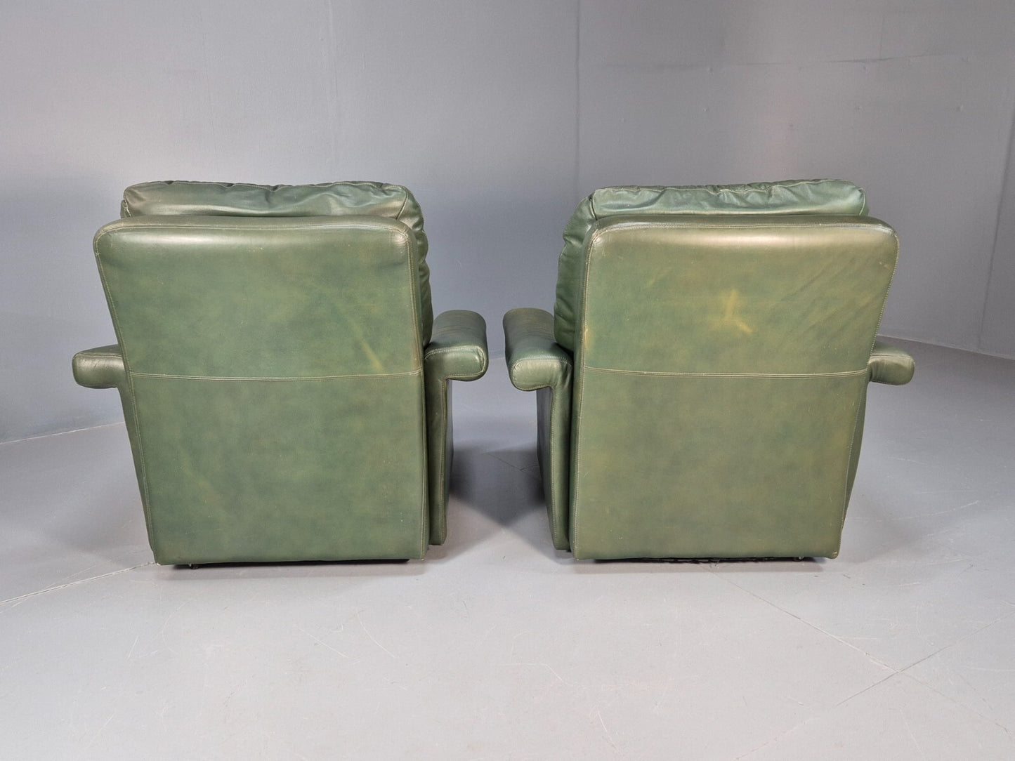 2 Vintage 1970s Green Leather Lounge Chairs Harrods Originally Retro EB9165 MNOR - UKDK FURNITURE