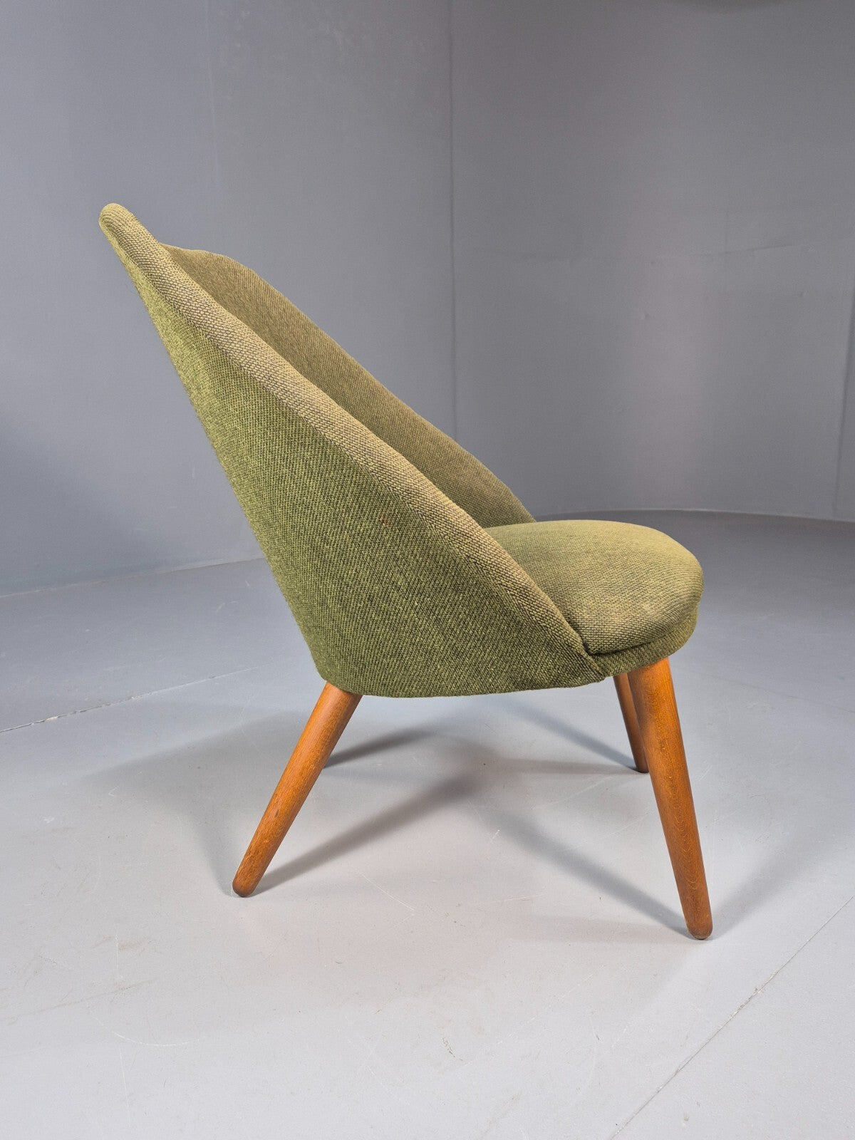 Vintage Danish Lounge Chair Curved Tub Form Green Wool Teak Legs MCM EB9264 MNOR - UKDK FURNITURE