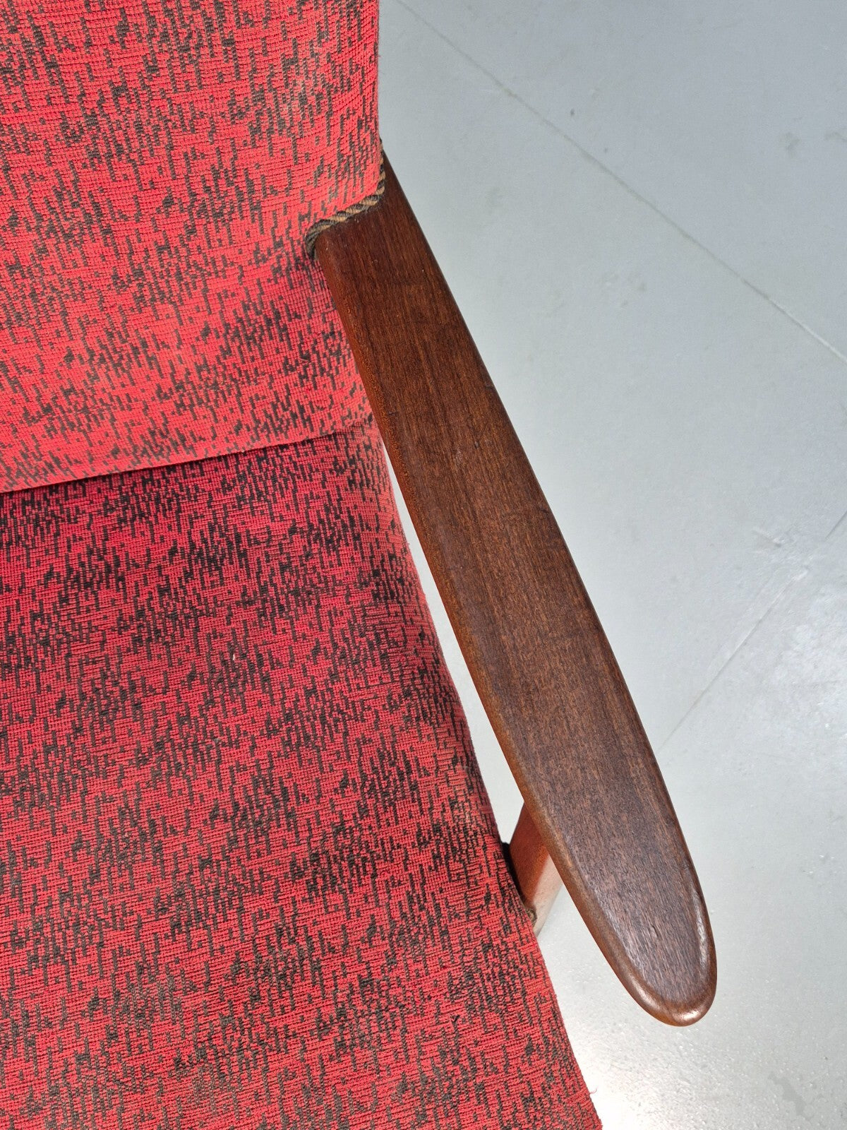 Mid Century Danish Armchair Teak Wood Red Pattern Fabric Vintage 60s EB9598 MNOR - UKDK FURNITURE