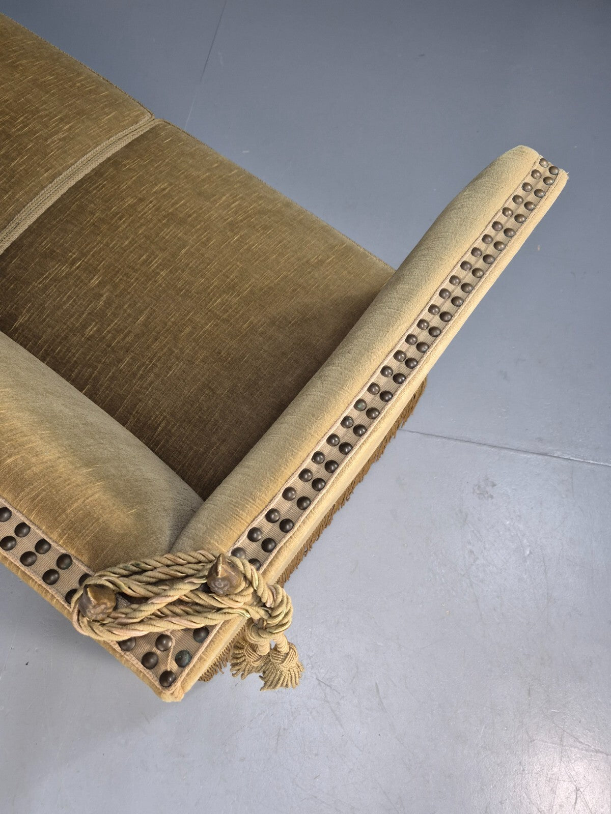 Vintage Two Seater Sofa Green Velour Studded Tassels Danish Design EB9549 V2SS - UKDK FURNITURE