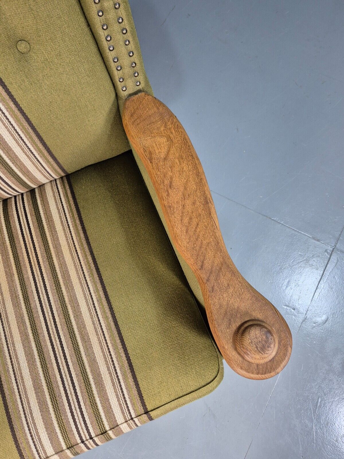 Vintage Danish Green Striped Wingback Armchair Oak Studded Skippers EB8044 MNOR - UKDK FURNITURE