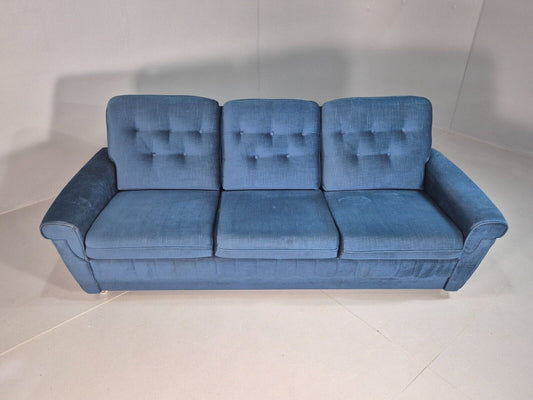 Vintage Danish Blue Velour 3 Seat Sofa Chrome Legs Button Details EB8016 M3SS - UKDK FURNITURE