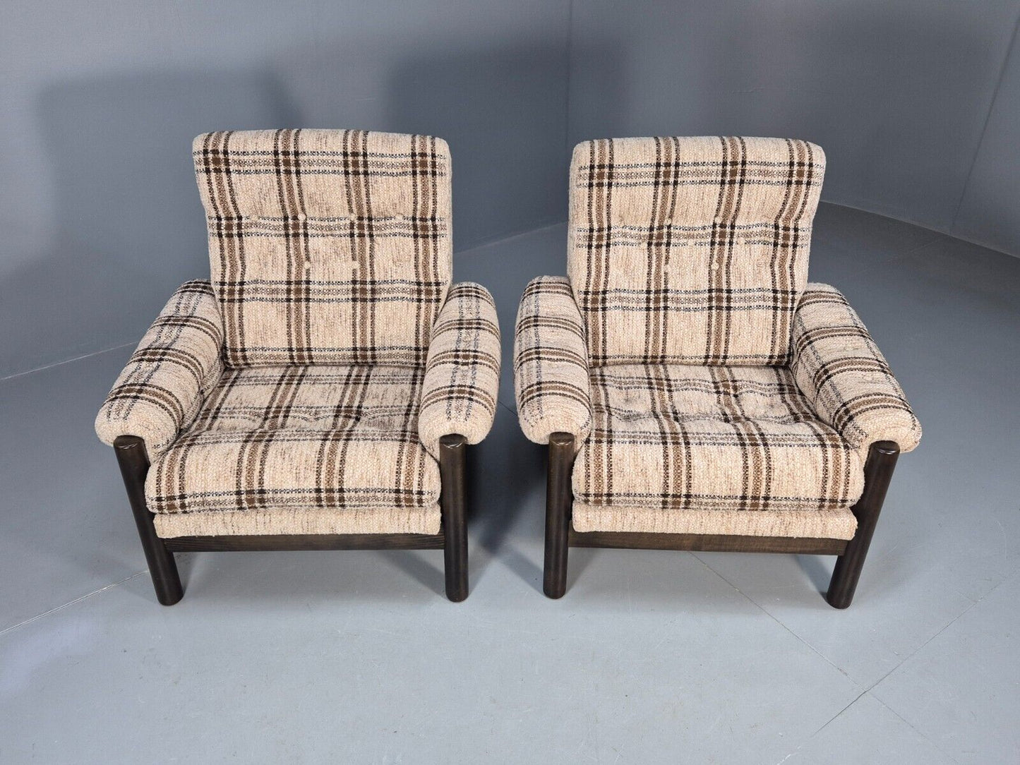 2 Vintage Danish Lounge Chair Brown and Cream Wool Retro 1970s MCM EB8494 MNOR - UKDK FURNITURE