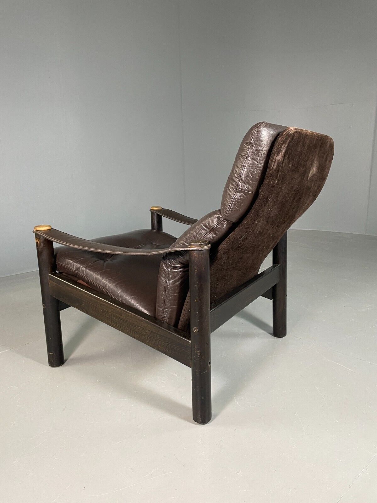 Vintage Danish Lounge Chair Brown Leather Sling Arms Retro MCM EB6867 MNOR - UKDK FURNITURE