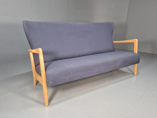 Vintage Fritz Hansen 3 Seat Sofa Beech Ends Blue Upholstery MCM EB9391 M2SS - UKDK FURNITURE