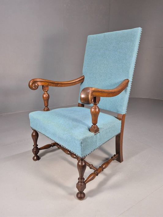 Vintage Danish Armchair Blue Carved Oak 17th Century Antique Style EB8986 VCAR - UKDK FURNITURE