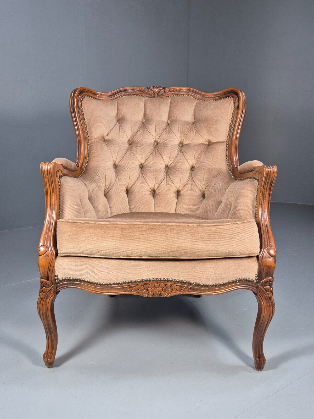 Vintage Danish Lounge Chair Beige Velour Beech Antique French Style EB8926 VCLO - UKDK FURNITURE