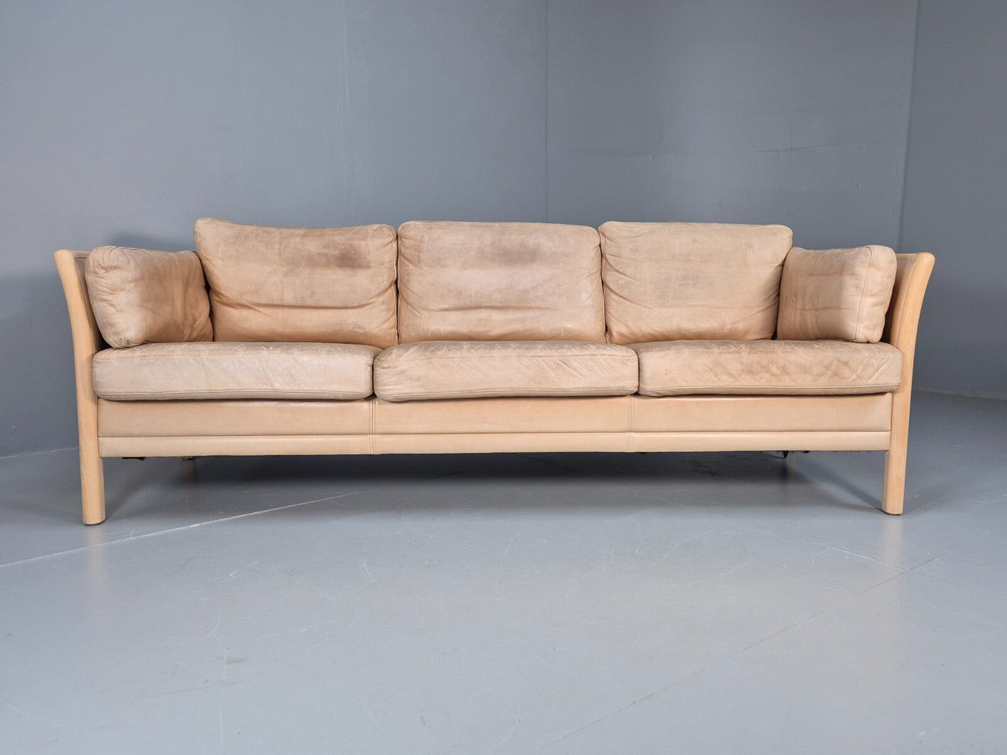 Vintage danish Tan Leather 3 Seat Sofa Wooden Ends Mogens Hansen MCM EB9083 M3SS - UKDK FURNITURE