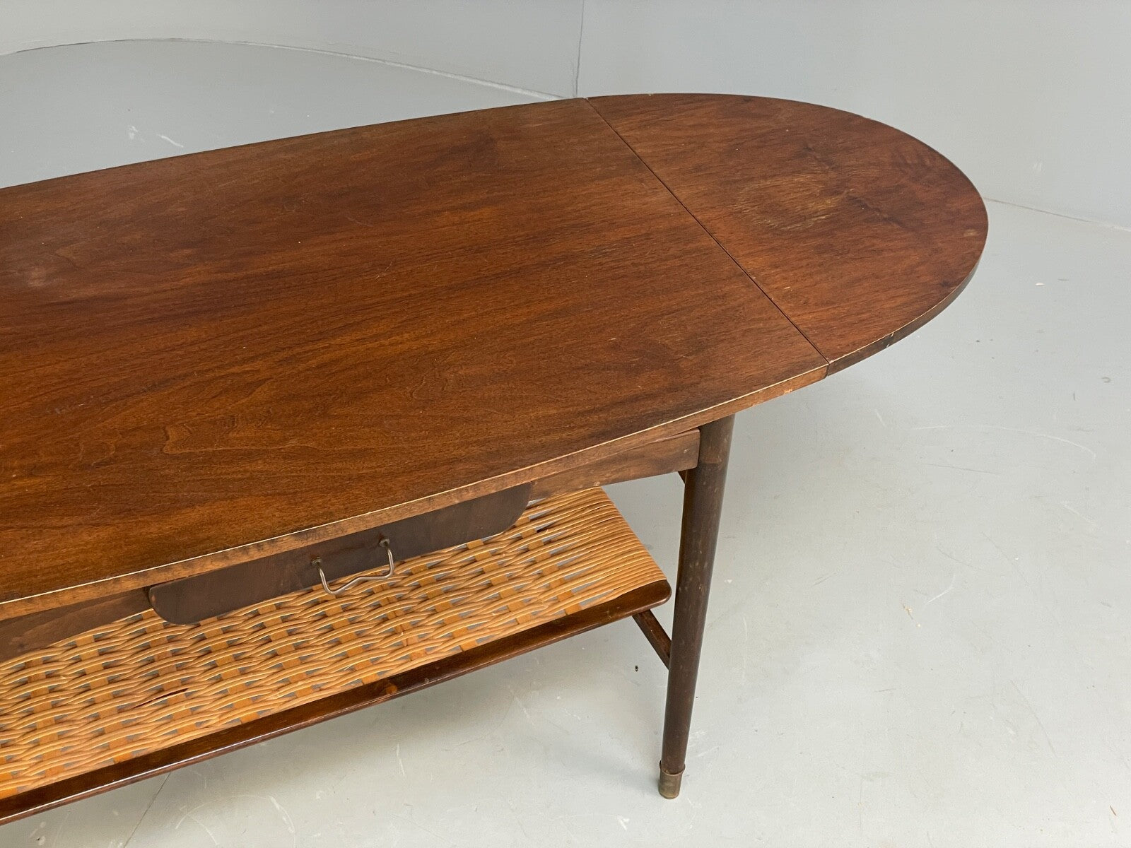 Vintage Walnut Extending Coffee Table Rattan Shelf Drawers 1950s EB9441 MWOO - UKDK FURNITURE