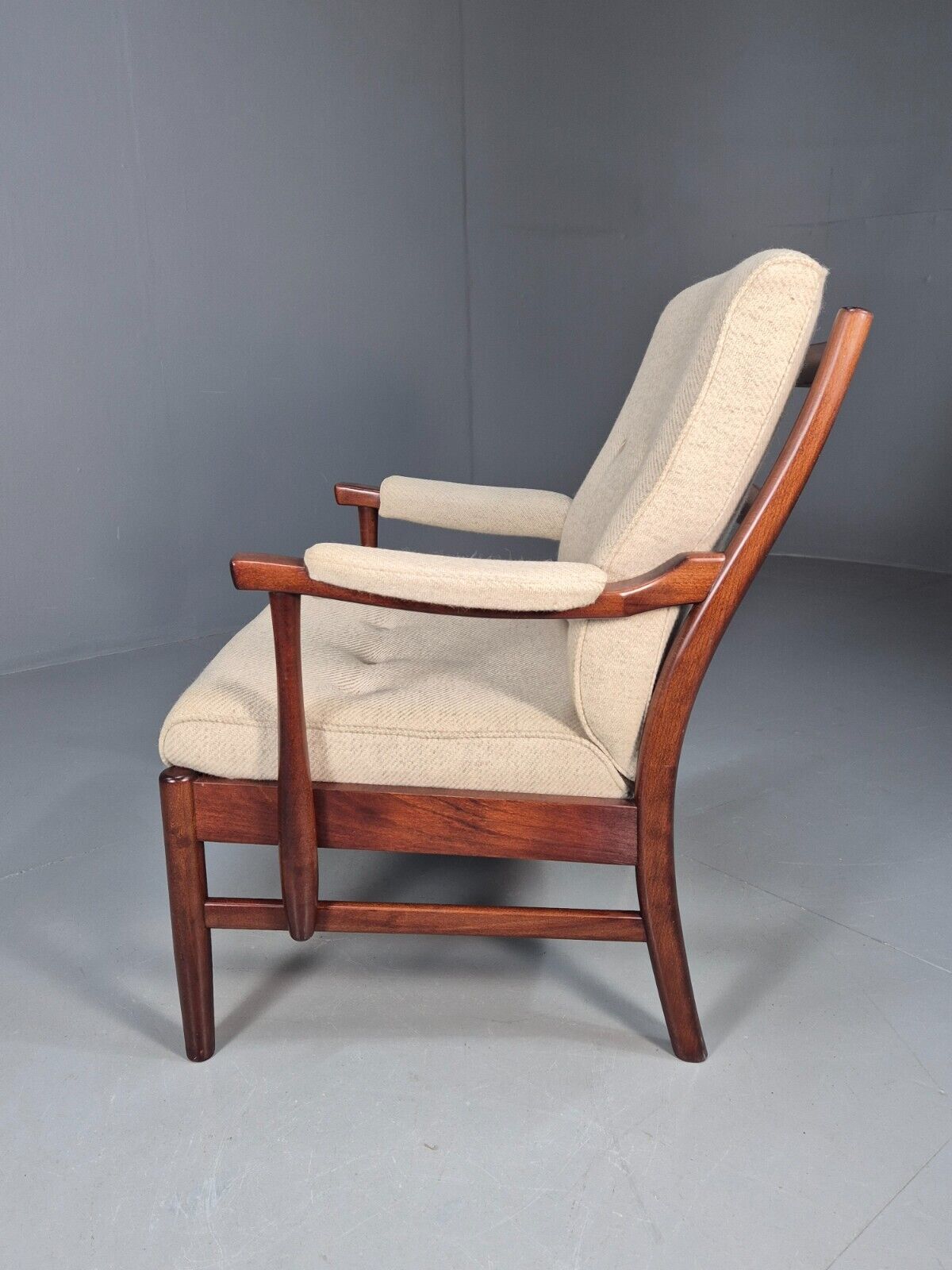 Vintage Danish Lounge Chair Beige Wool Wood Frame 1970s Retro EB8539 MNOR - UKDK FURNITURE