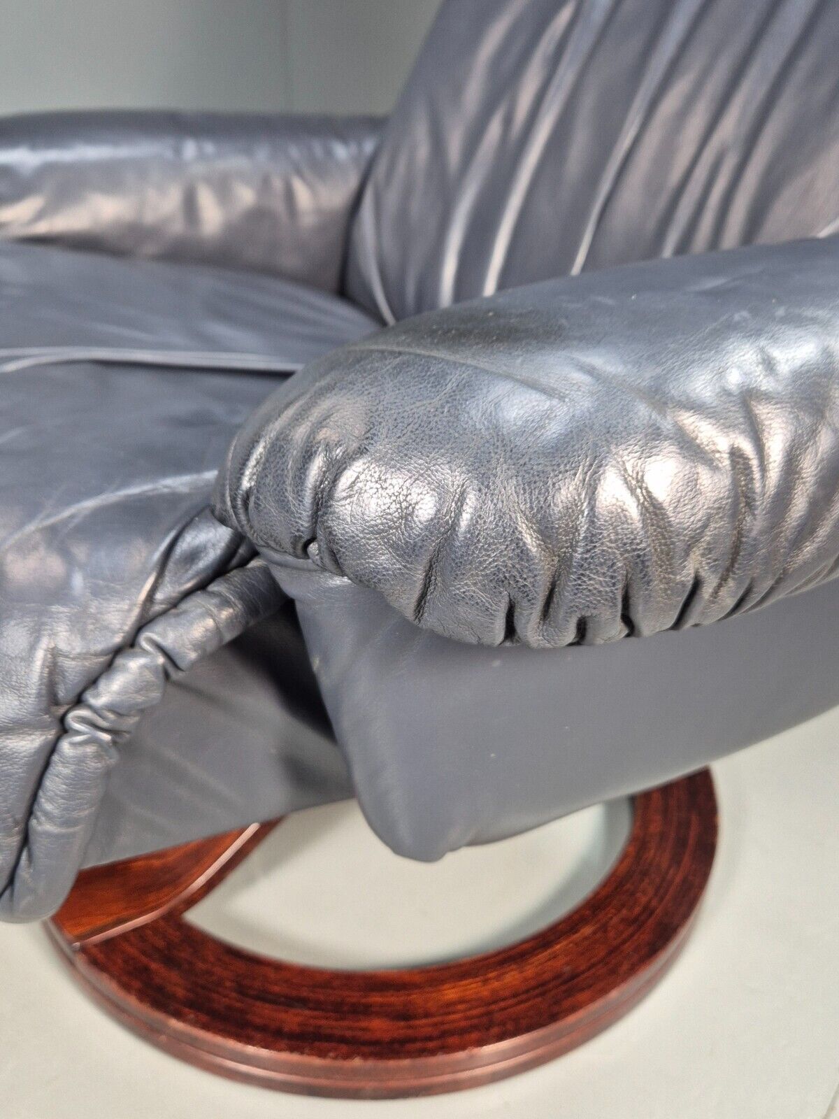 Vintage Danish Swivel Chair Blue Grey Leather Reclines 1980s Retro Eb8465 MSWI - UKDK FURNITURE