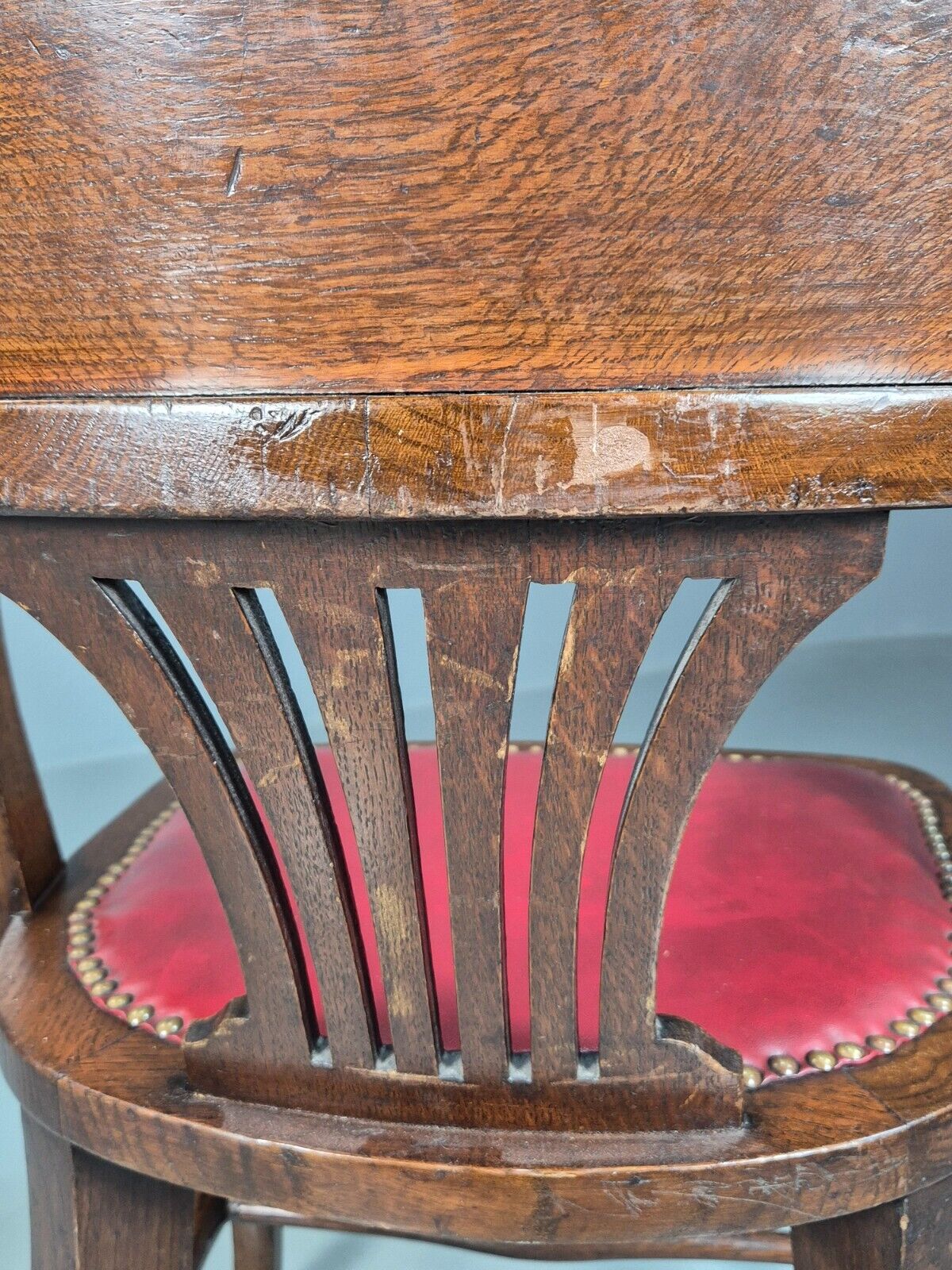 Vintage Elbow Chair Red Leatherette Oak Frame 1950s EB7871a VDIN - UKDK FURNITURE