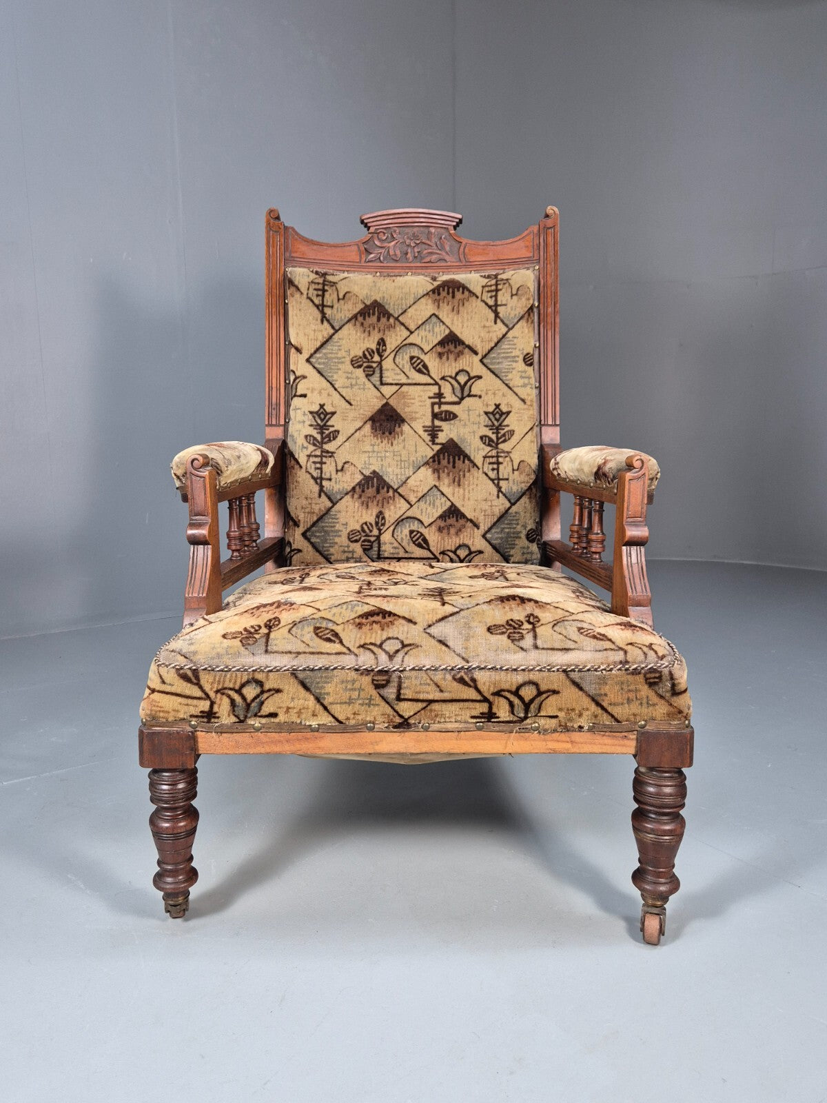 Antique Mahogany Library Chair Beige Geometric Fabric Edwardian EB9703 VCAR - UKDK FURNITURE