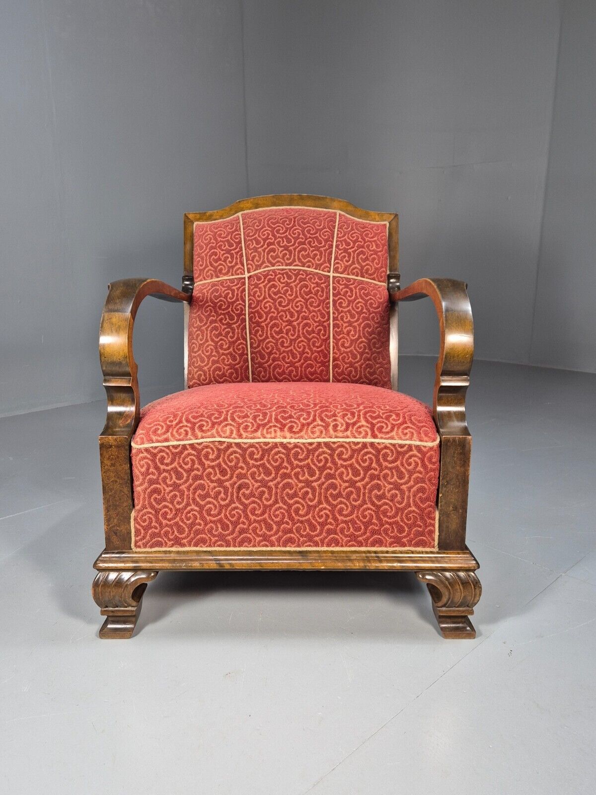 Vintage Danish Lounge Chair Red Moquette Beech Frame 1920s Antique EB8939 VCLO - UKDK FURNITURE