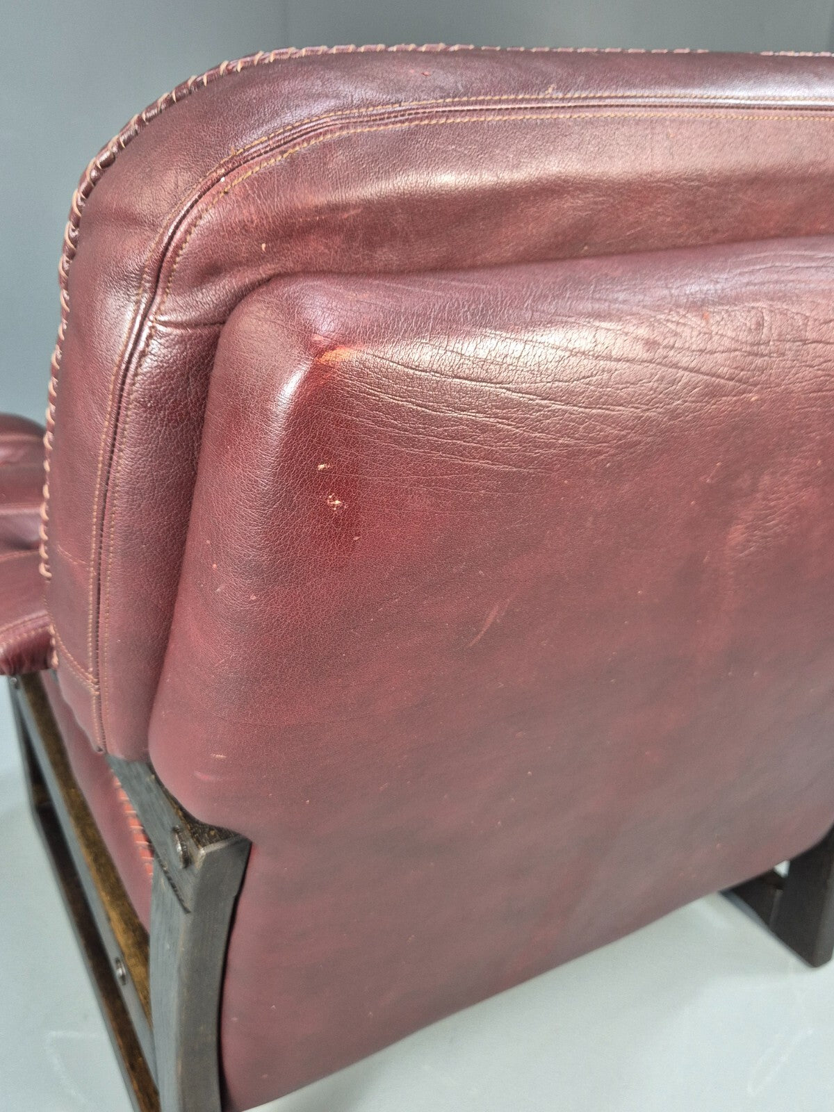 Vintage Danish Burgundy Leather Lounge Chair Stitch Detail 1980s MCM EB9259 MNOR - UKDK FURNITURE