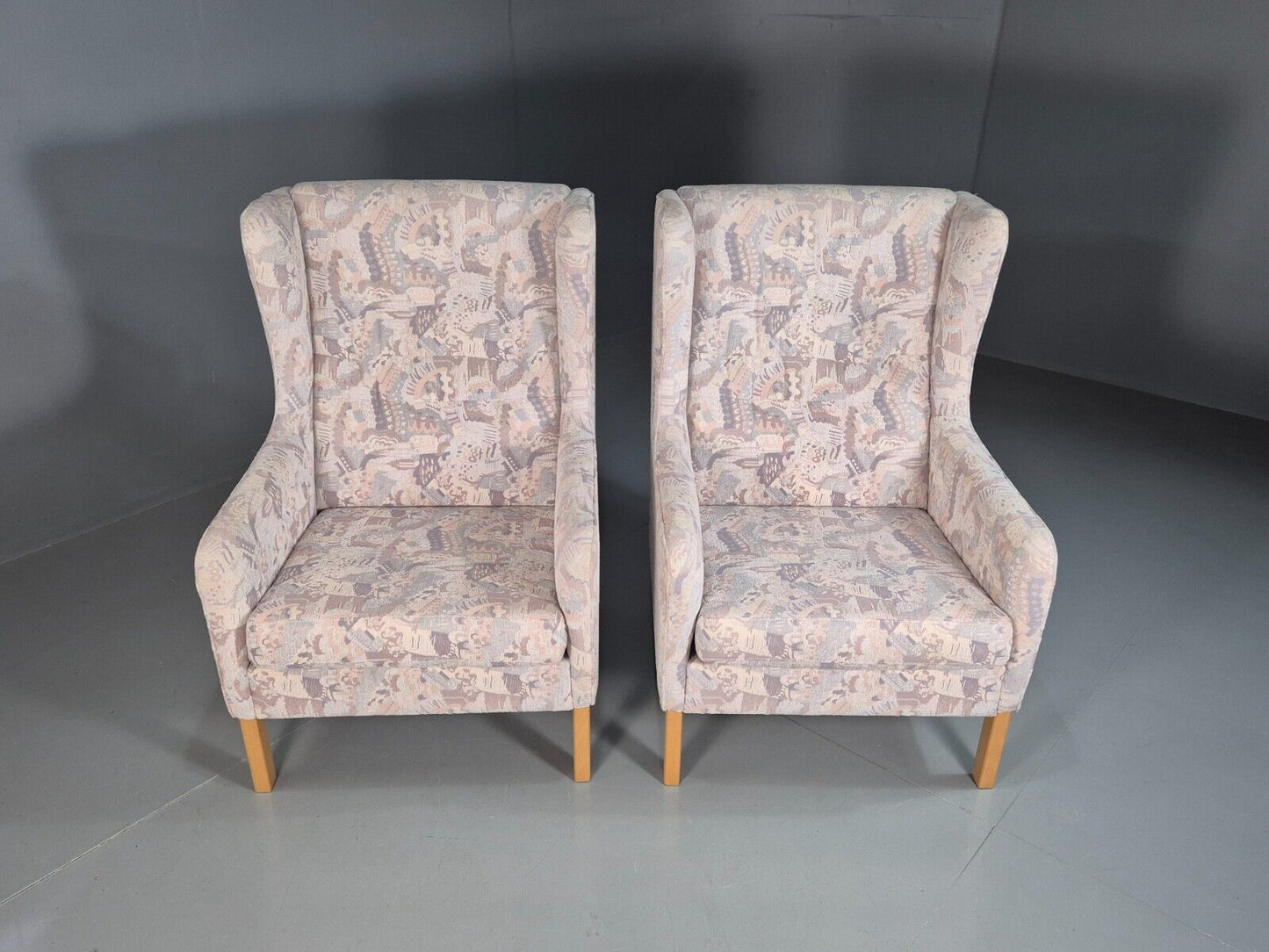 2 Vintage Danish Wing Back Lounge Chairs Cotton 1980s Fabric Retro EB8289 MNOR - UKDK FURNITURE