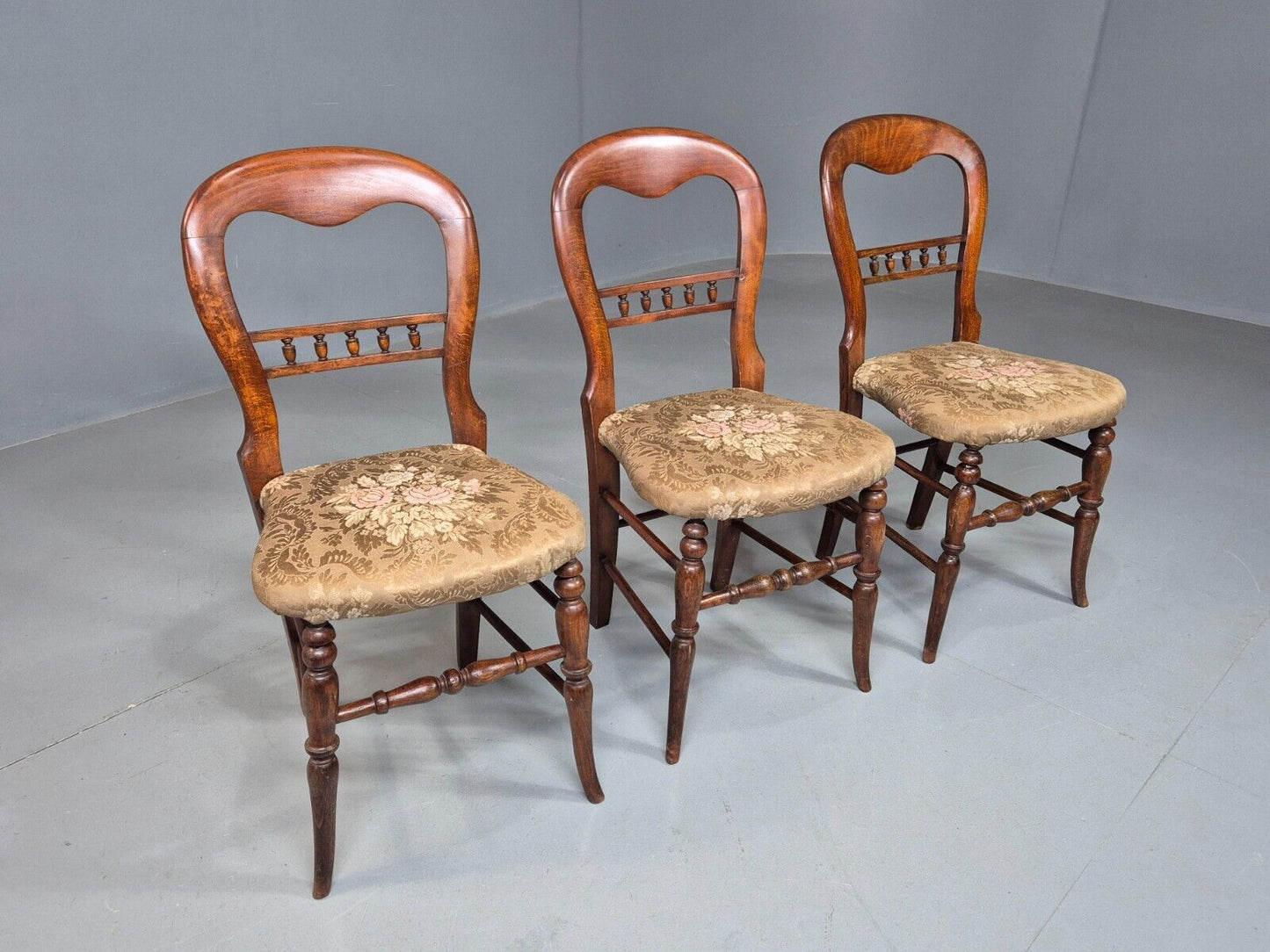 3 Vintage Dining Chairs Floral Seats Walnut Frame Balloon Victorian EB8182 VDIN - UKDK FURNITURE
