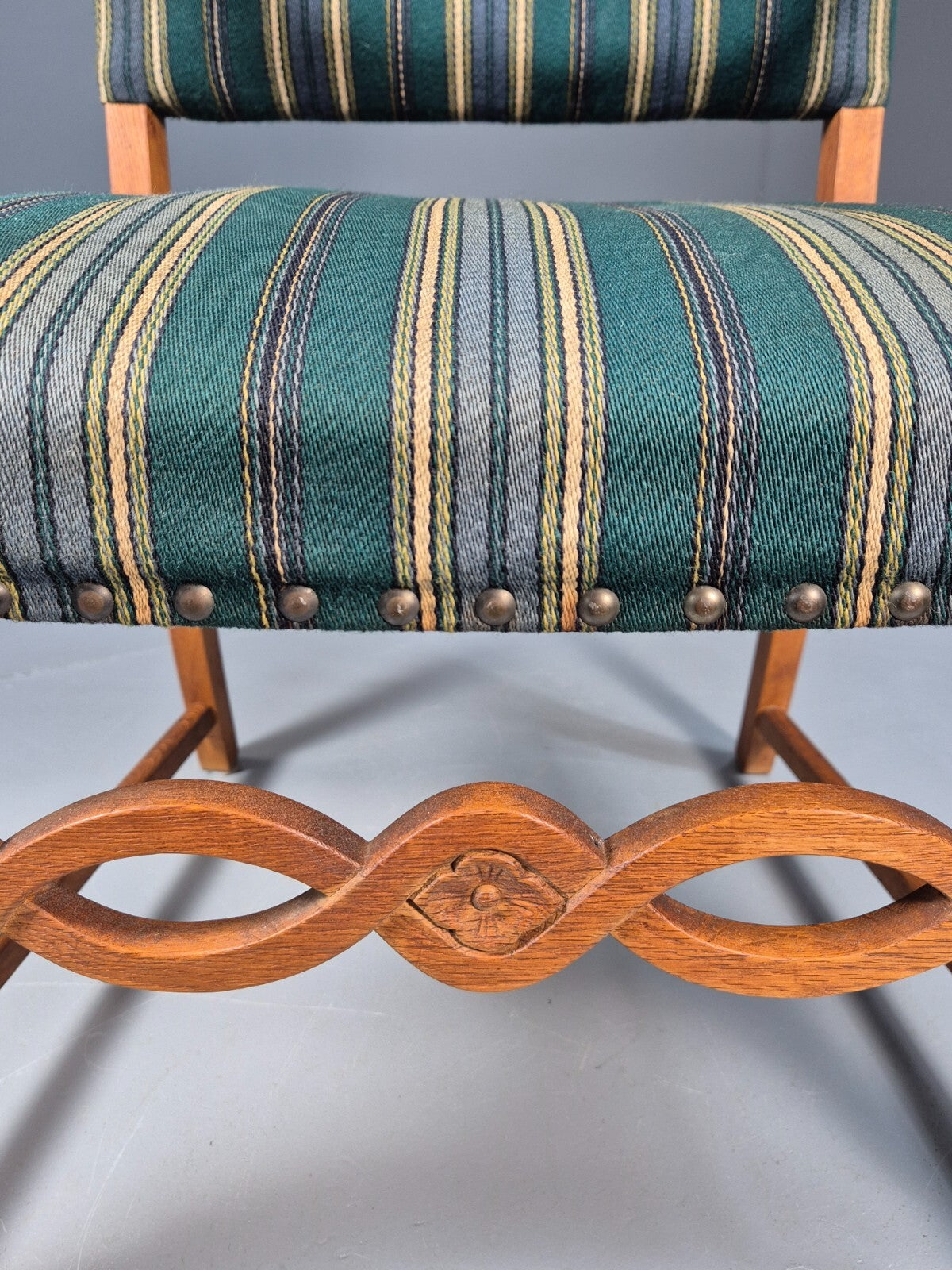 A Vintage Danish Baroque Style Armchair Green Wool Stripe Oak Frame EB9002 VCLO - UKDK FURNITURE